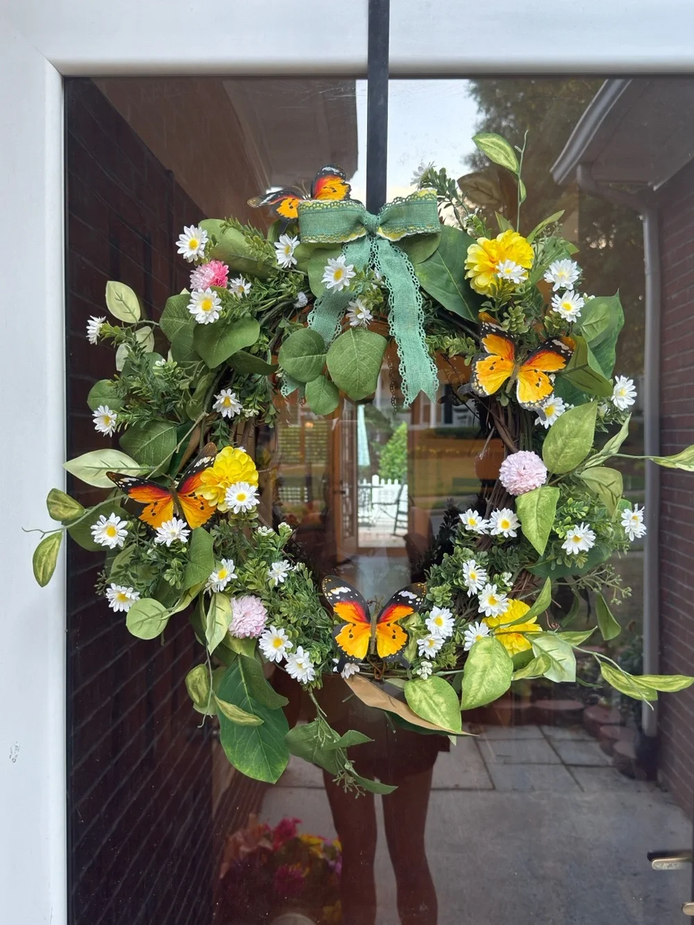 Hand Crafted Yellow Butterfly Daisy Floral Wreath with Green Bow